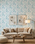 Smooth watercolor teal chevron fret geometric peel and stick wallpaper - Teal Fret in a warm living room