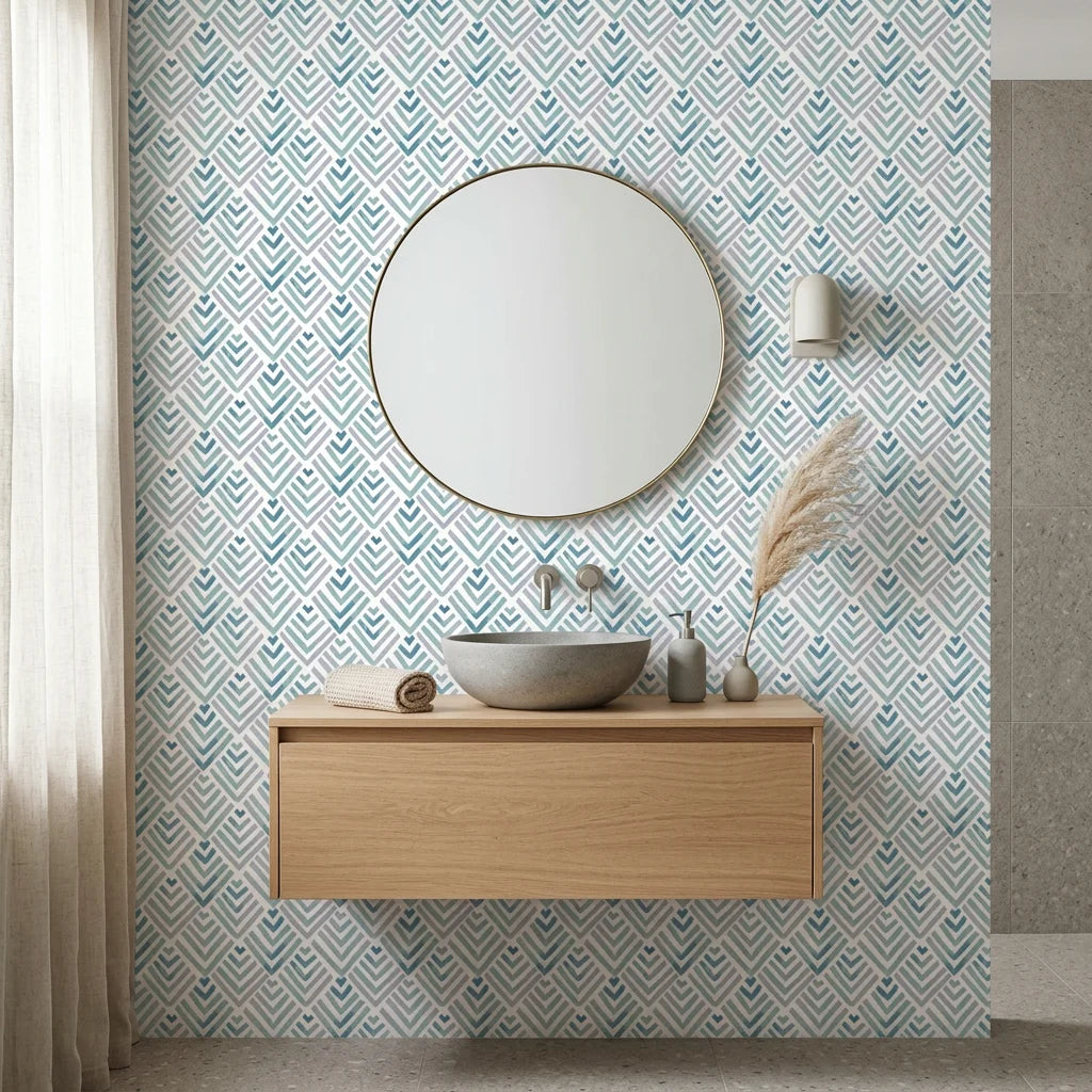 Smooth watercolor teal chevron fret geometric peel and stick wallpaper - Teal Fret adding character to a bedroom