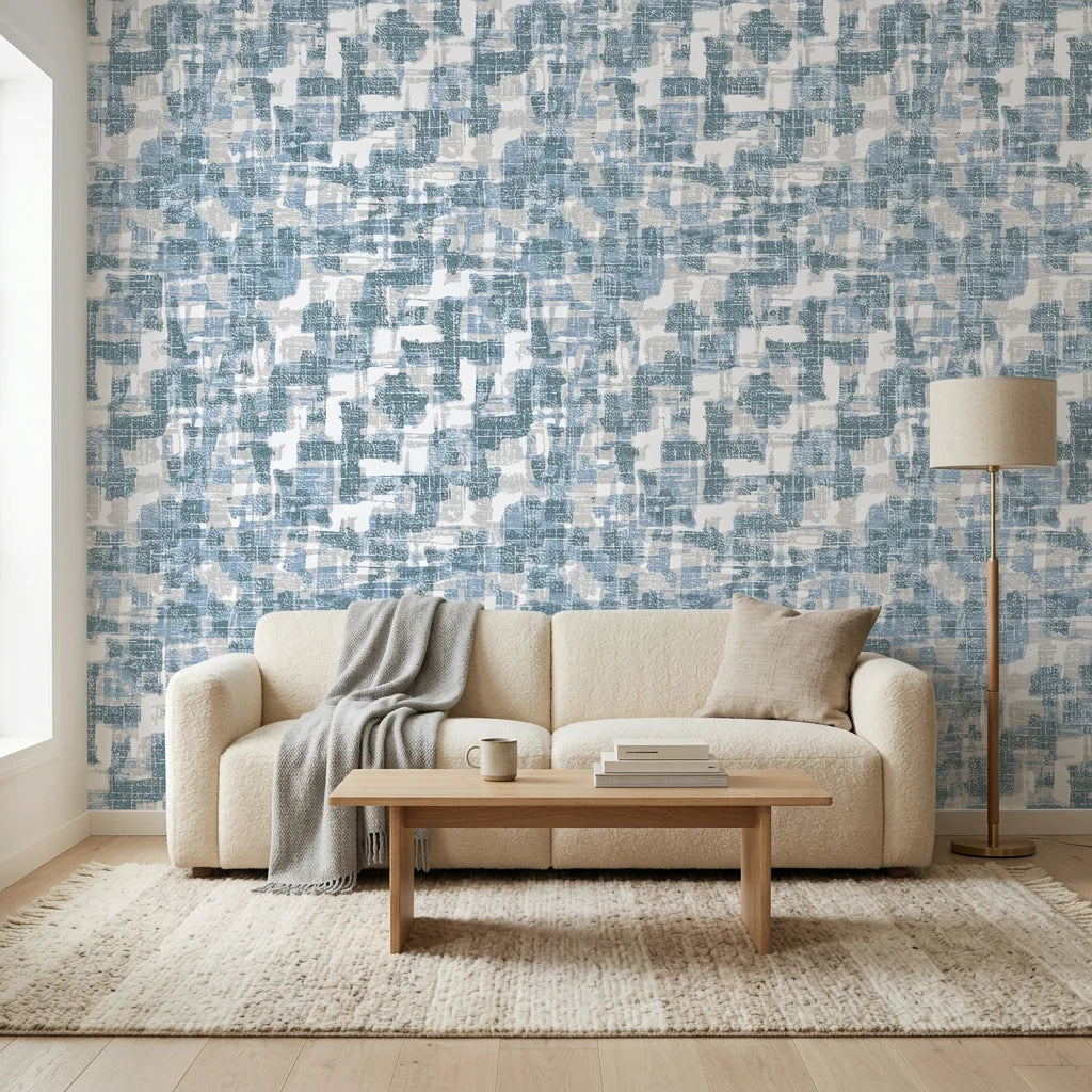 Textured layered teal woven linen abstract peel and stick wallpaper - Teal Loom