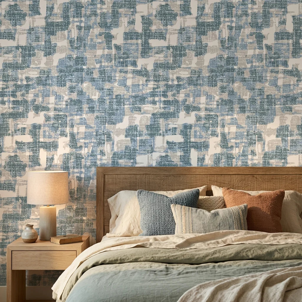 Textured layered teal woven linen abstract peel and stick wallpaper - Teal Loom in a warm living room
