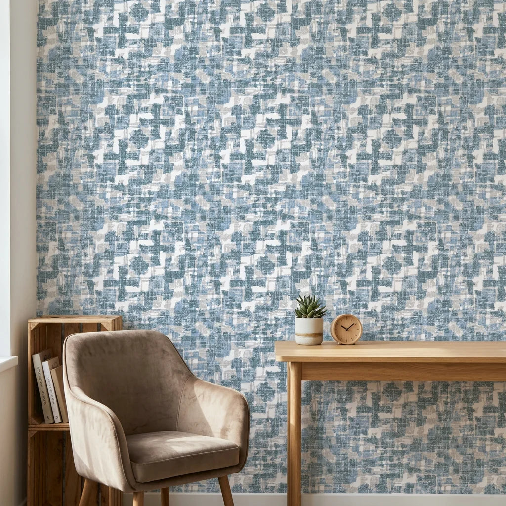Textured layered teal woven linen abstract peel and stick wallpaper - Teal Loom adding character to a bedroom