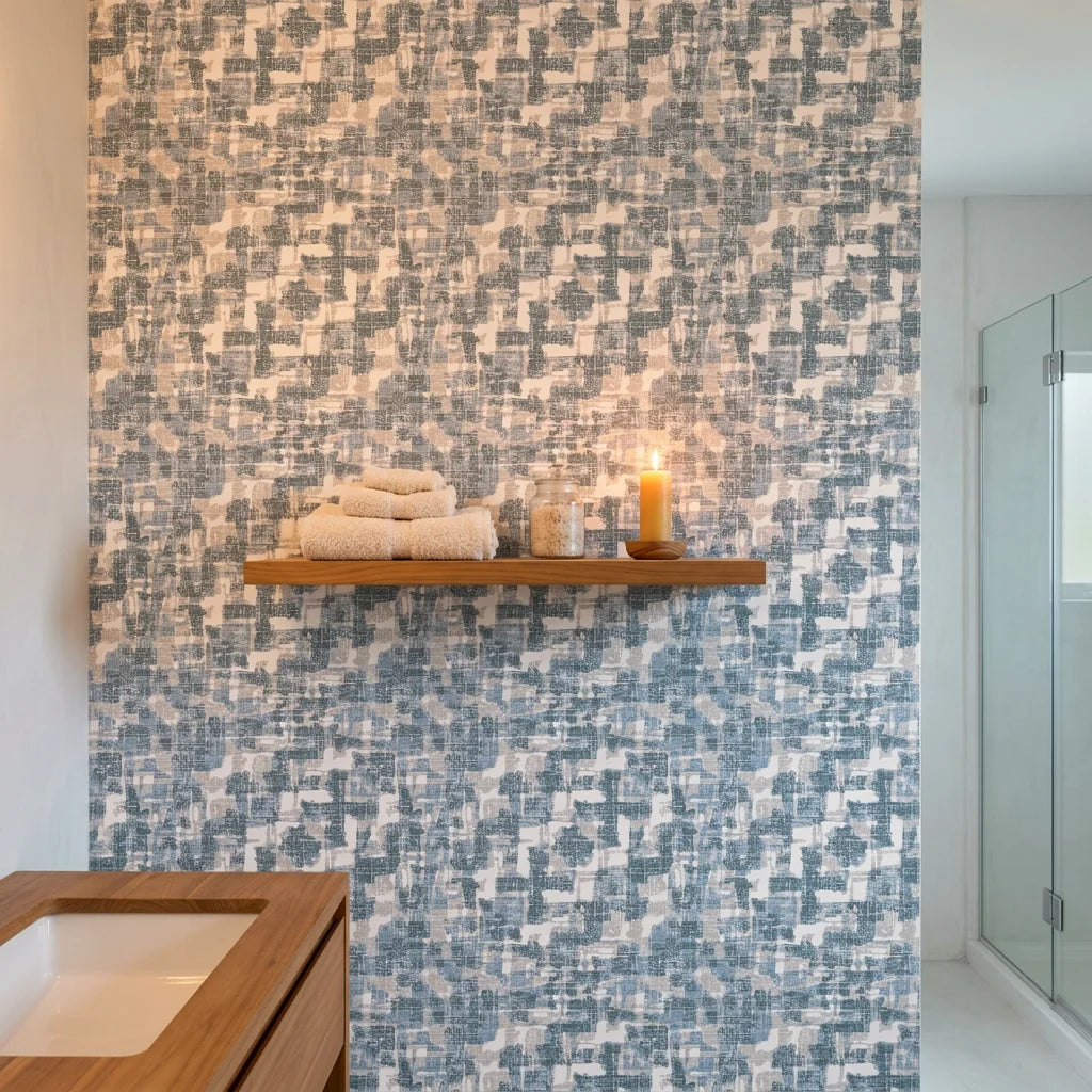Textured layered teal woven linen abstract peel and stick wallpaper - Teal Loom as a feature wall in an office