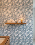 Textured layered teal woven linen abstract peel and stick wallpaper - Teal Loom as a feature wall in an office