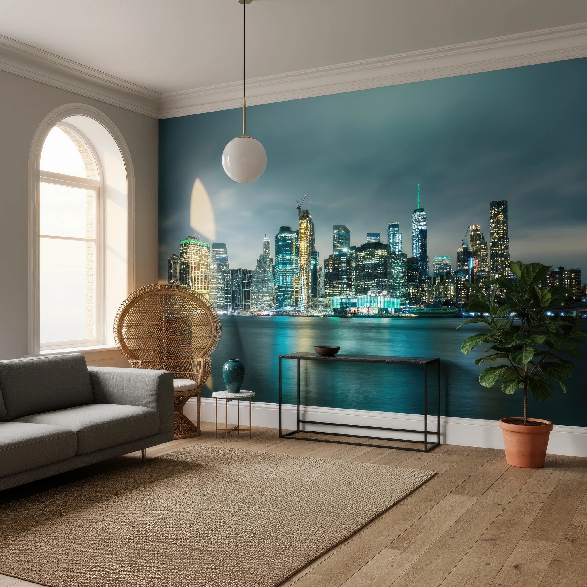 Teal Nocturne city skyline wallpaper mural on living room accent wall at dusk