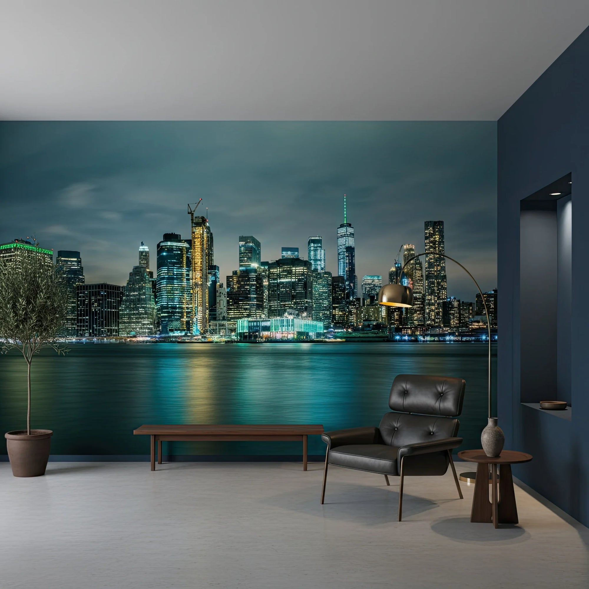 Teal Nocturne wallpaper mural featuring illuminated Manhattan skyline reflected in harbor waters at dusk