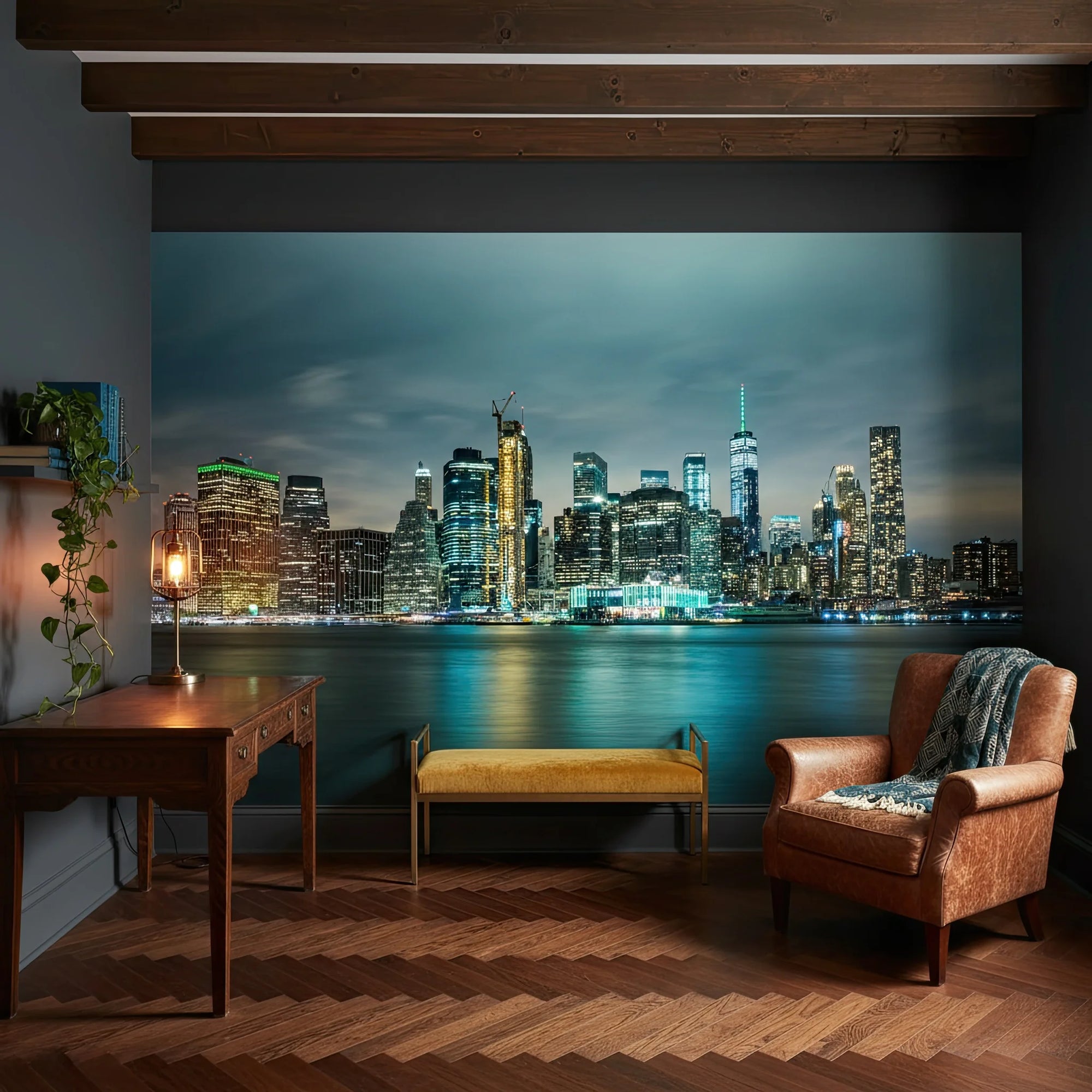 Teal Nocturne city skyline mural wallpaper on living room accent wall with illuminated waterfront view