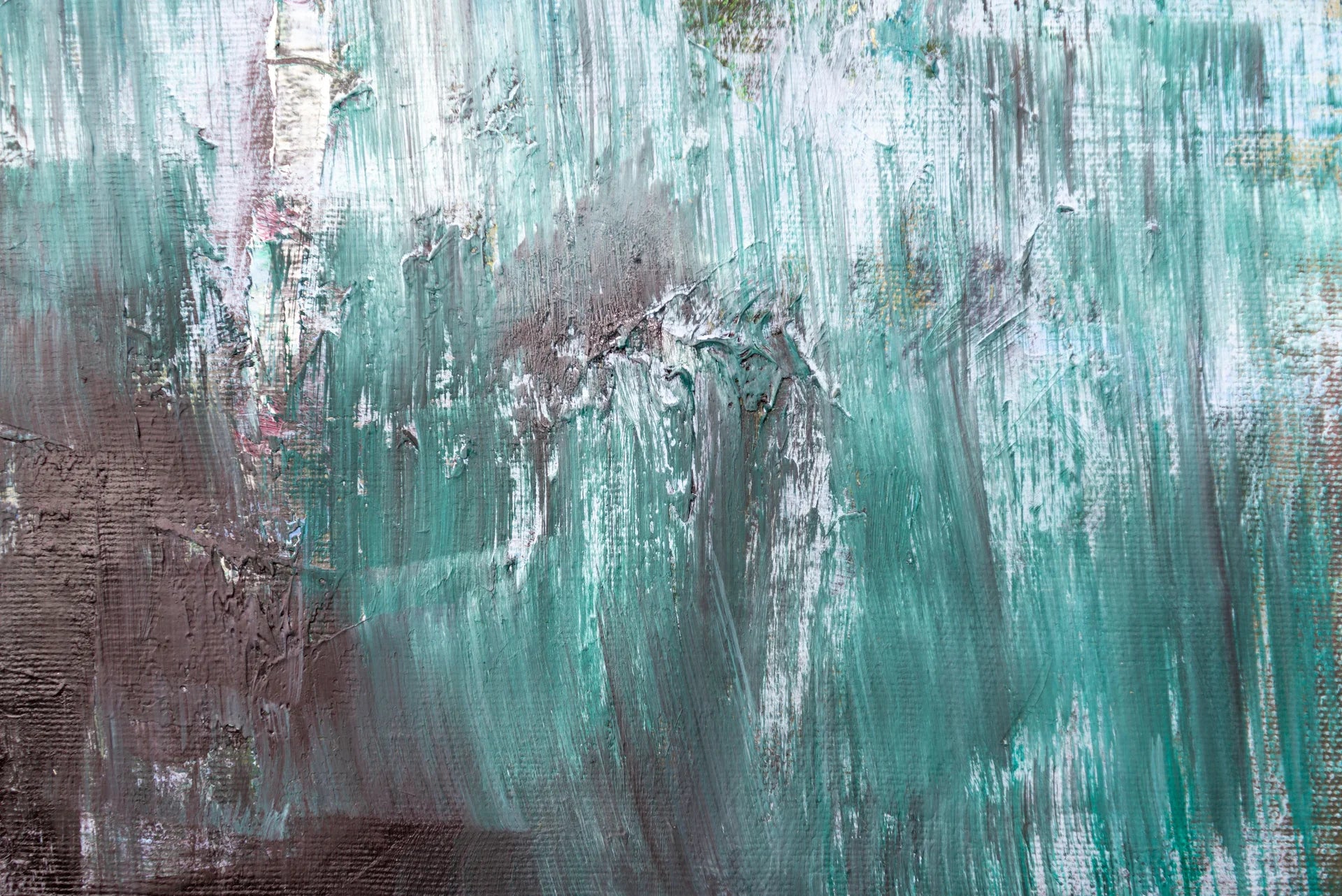 Teal Rain teal and grey abstract expressionist wallpaper creating ambiance in a serene bathroom