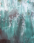 Teal Rain teal and grey abstract expressionist wallpaper creating ambiance in a serene bathroom