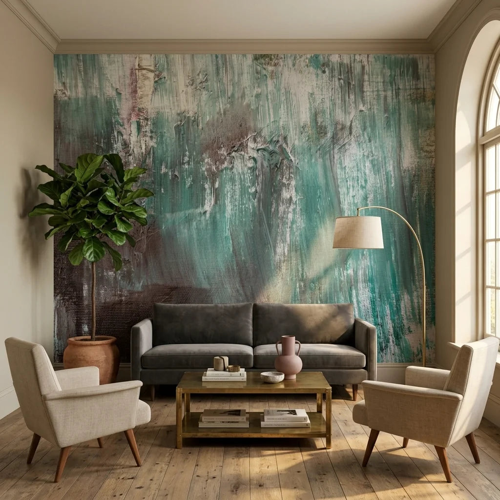 Textured teal grey abstract brushstroke peel and stick wallpaper - Teal Rain