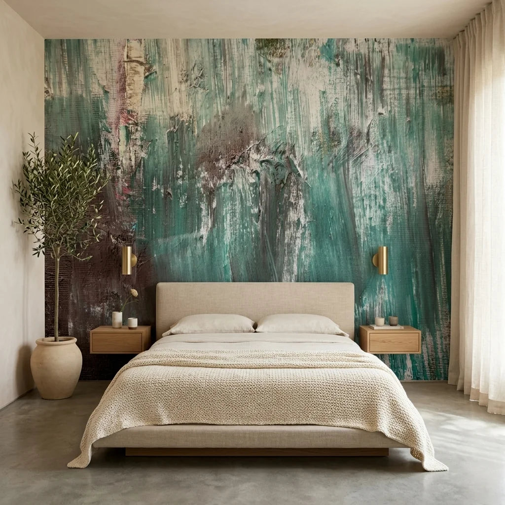 Teal Rain teal and grey abstract expressionist wallpaper in a warm and inviting living room