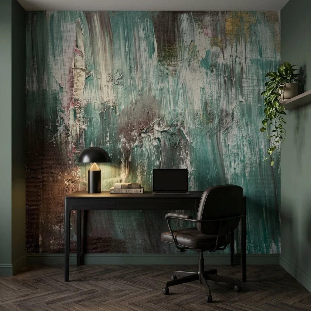 Teal Rain teal and grey abstract expressionist wallpaper adding character to a cozy bedroom