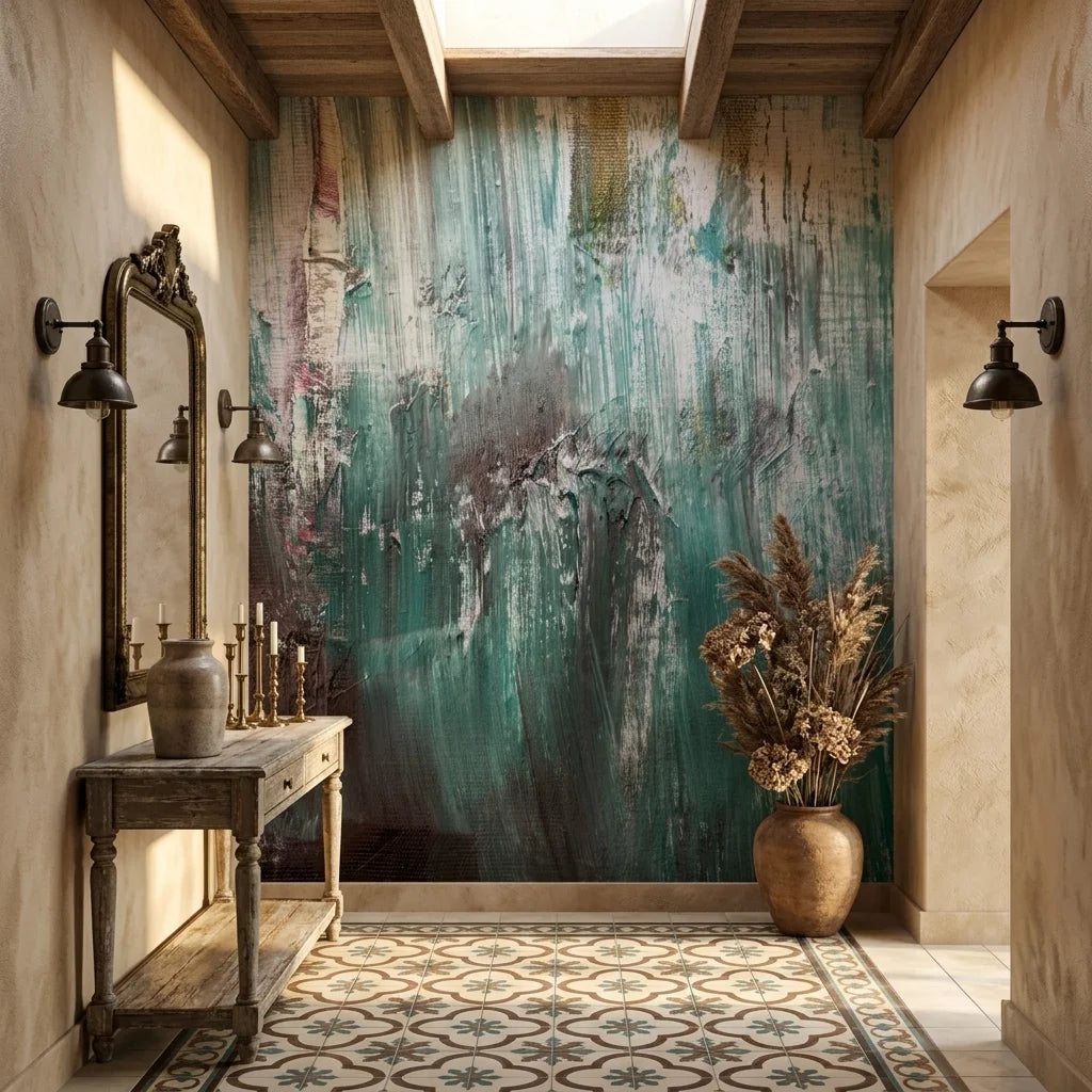 Teal Rain teal and grey abstract expressionist wallpaper as a feature wall in a bright home office