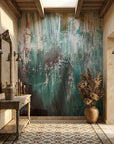 Teal Rain teal and grey abstract expressionist wallpaper as a feature wall in a bright home office