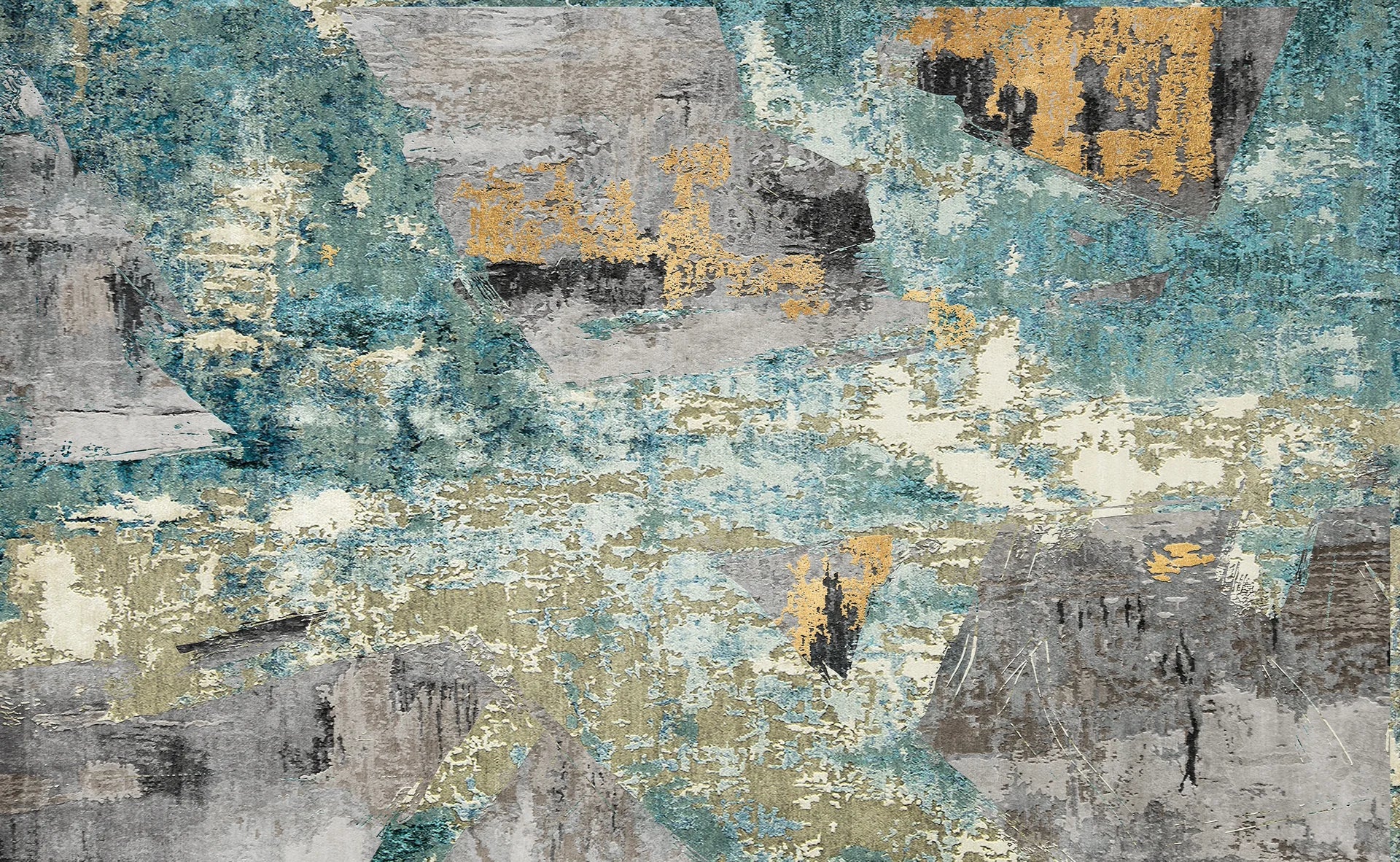 Teal Relic teal gold and grey abstract collage wallpaper creating ambiance in a serene bathroom