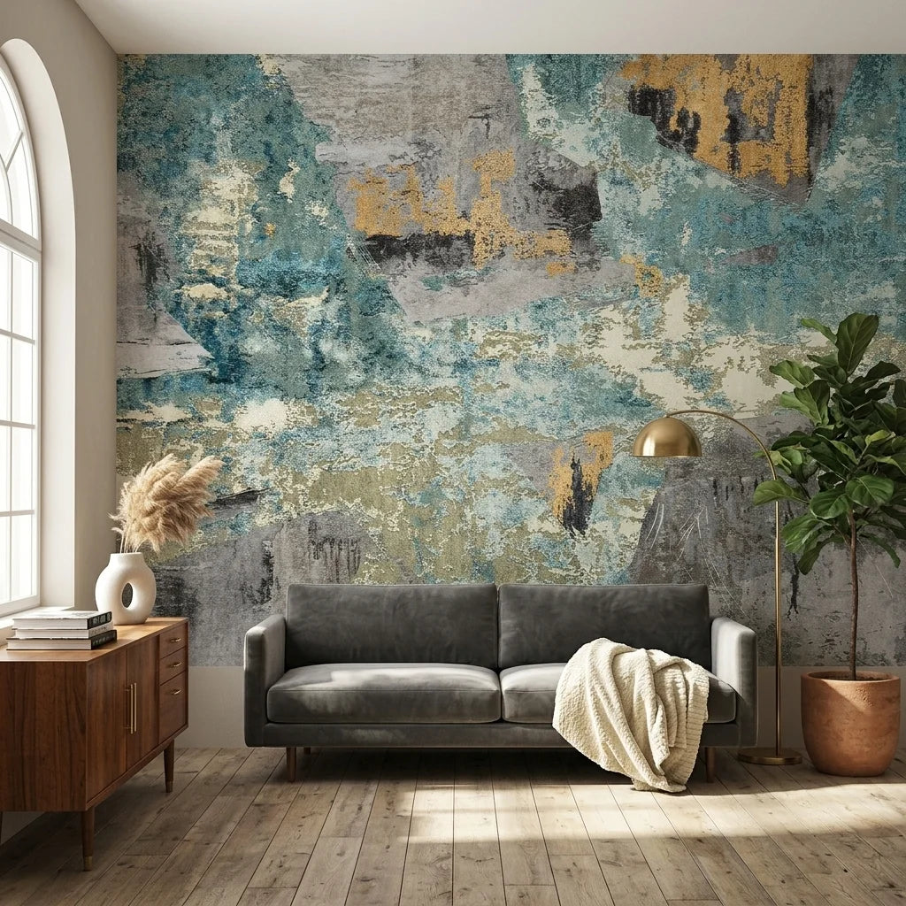 Textured teal gold grey abstract collage peel and stick wallpaper - Teal Relic