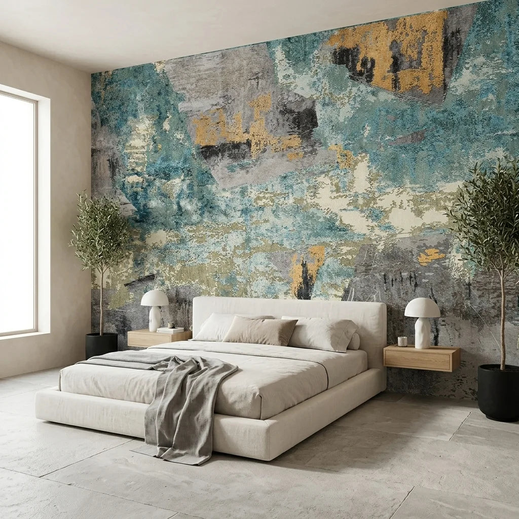 Teal Relic teal gold and grey abstract collage wallpaper in a warm and inviting living room