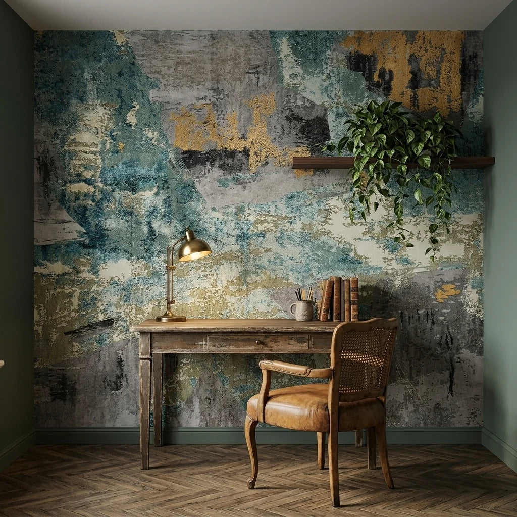 Teal Relic teal gold and grey abstract collage wallpaper adding character to a cozy bedroom