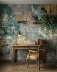 Teal Relic teal gold and grey abstract collage wallpaper adding character to a cozy bedroom