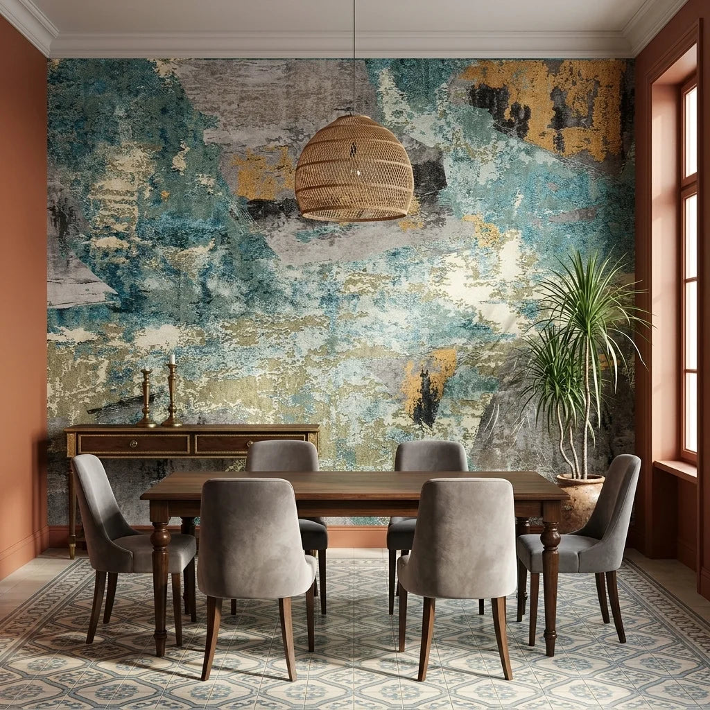 Teal Relic teal gold and grey abstract collage wallpaper as a feature wall in a bright home office