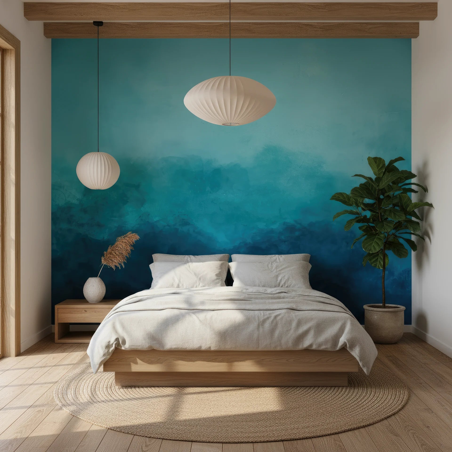 Deep teal peel and stick wallpaper with watercolor gradient