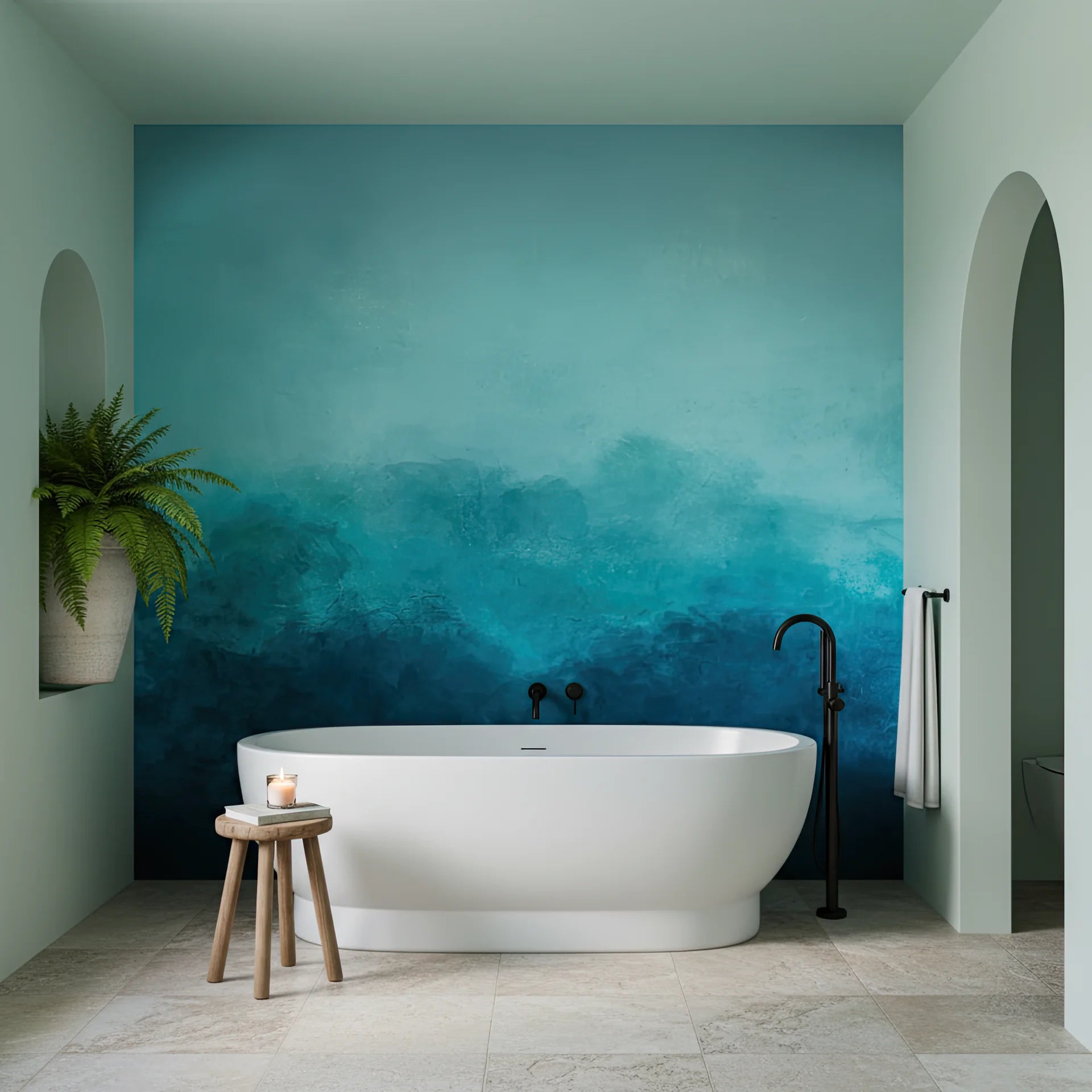 Meditative removable wallpaper in calming ocean teal tones