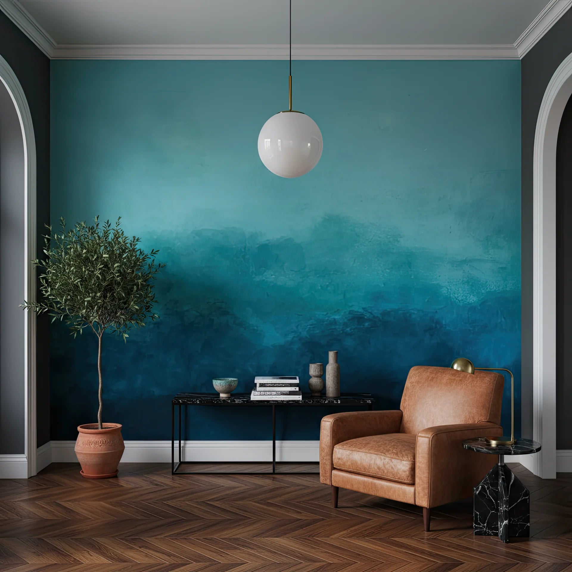 Serene blue-green wall covering with peaceful color depth