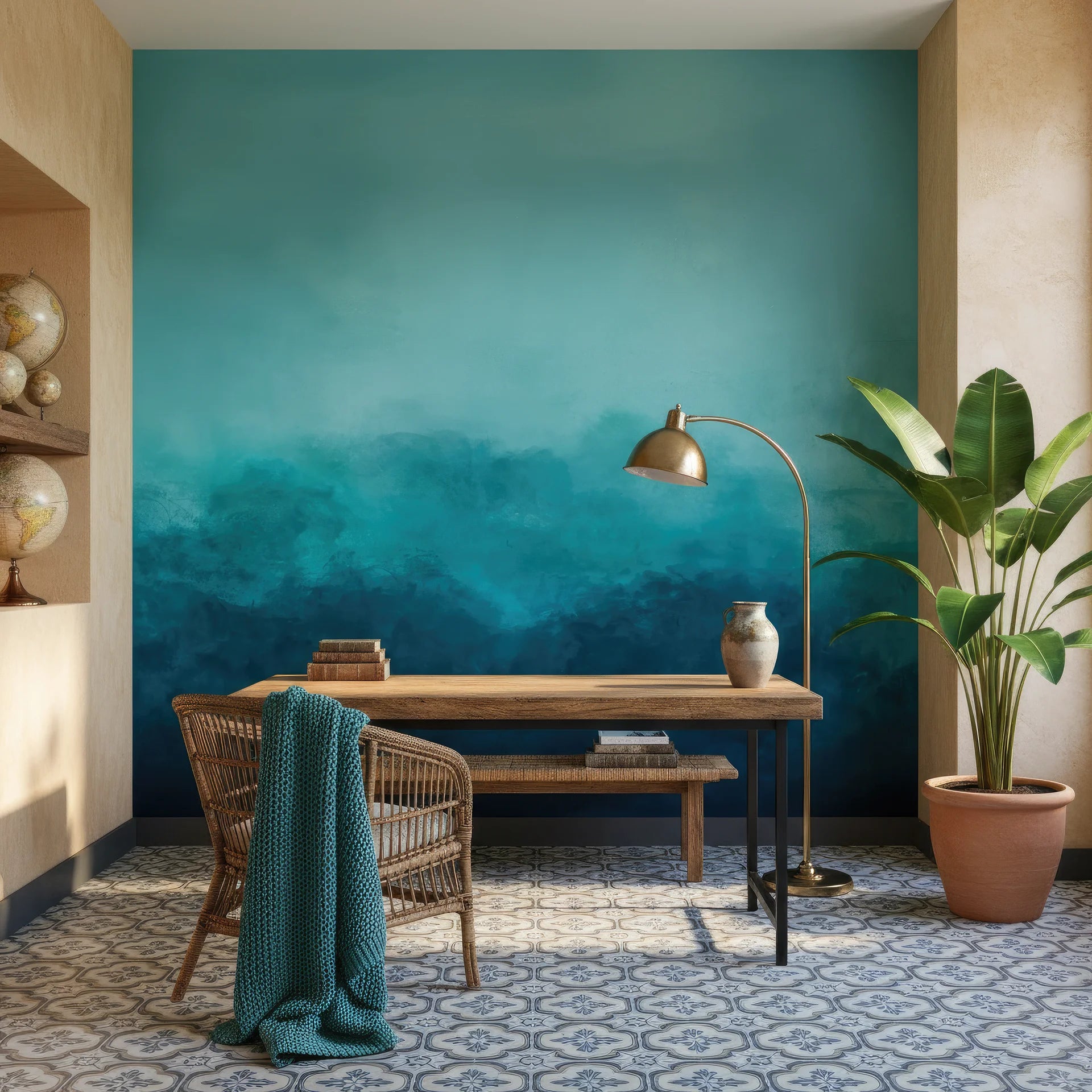 Sophisticated teal wallpaper sample with contemplative atmosphere