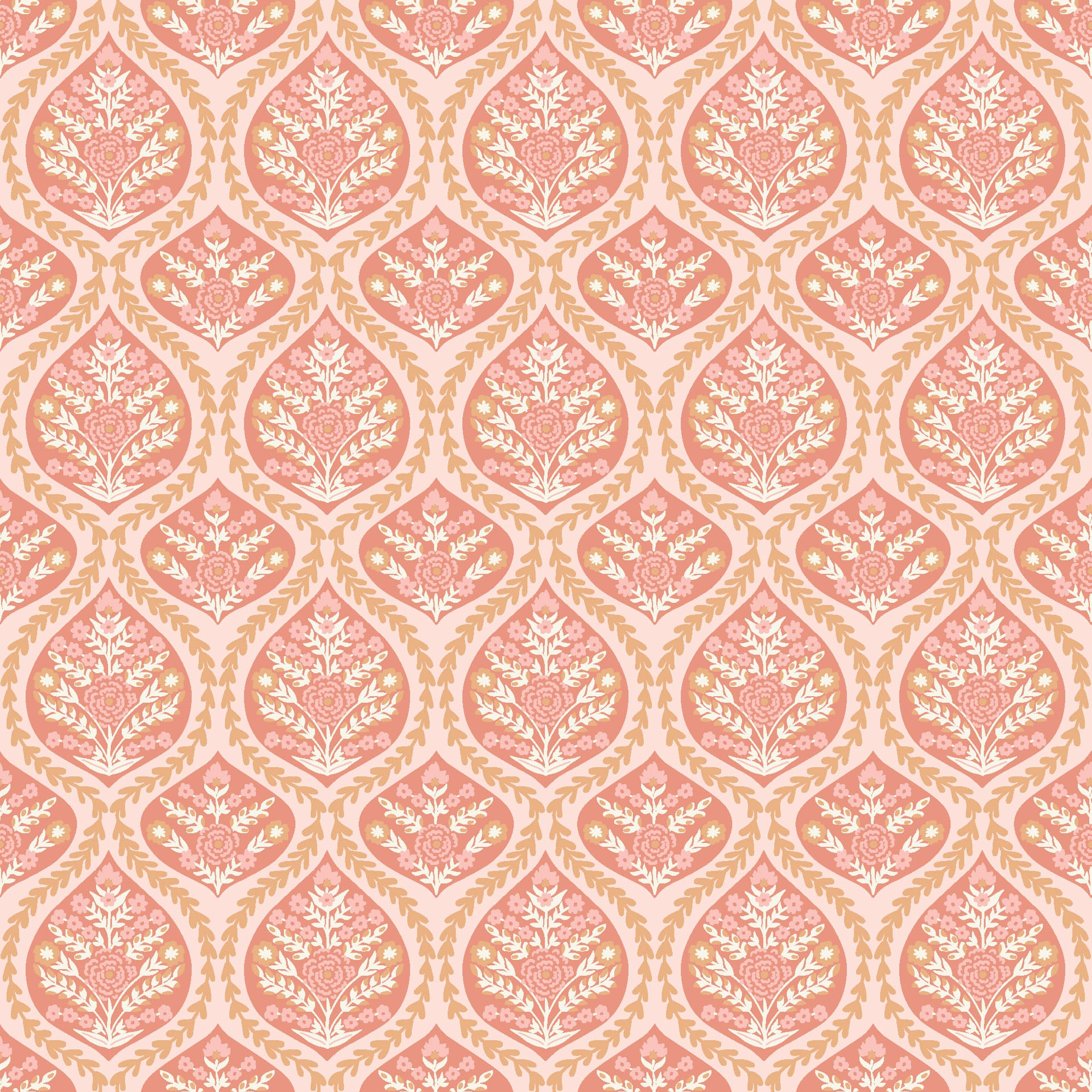 Pink and peach traditional floral damask self-adhesive wallpaper, named Tender Bloom