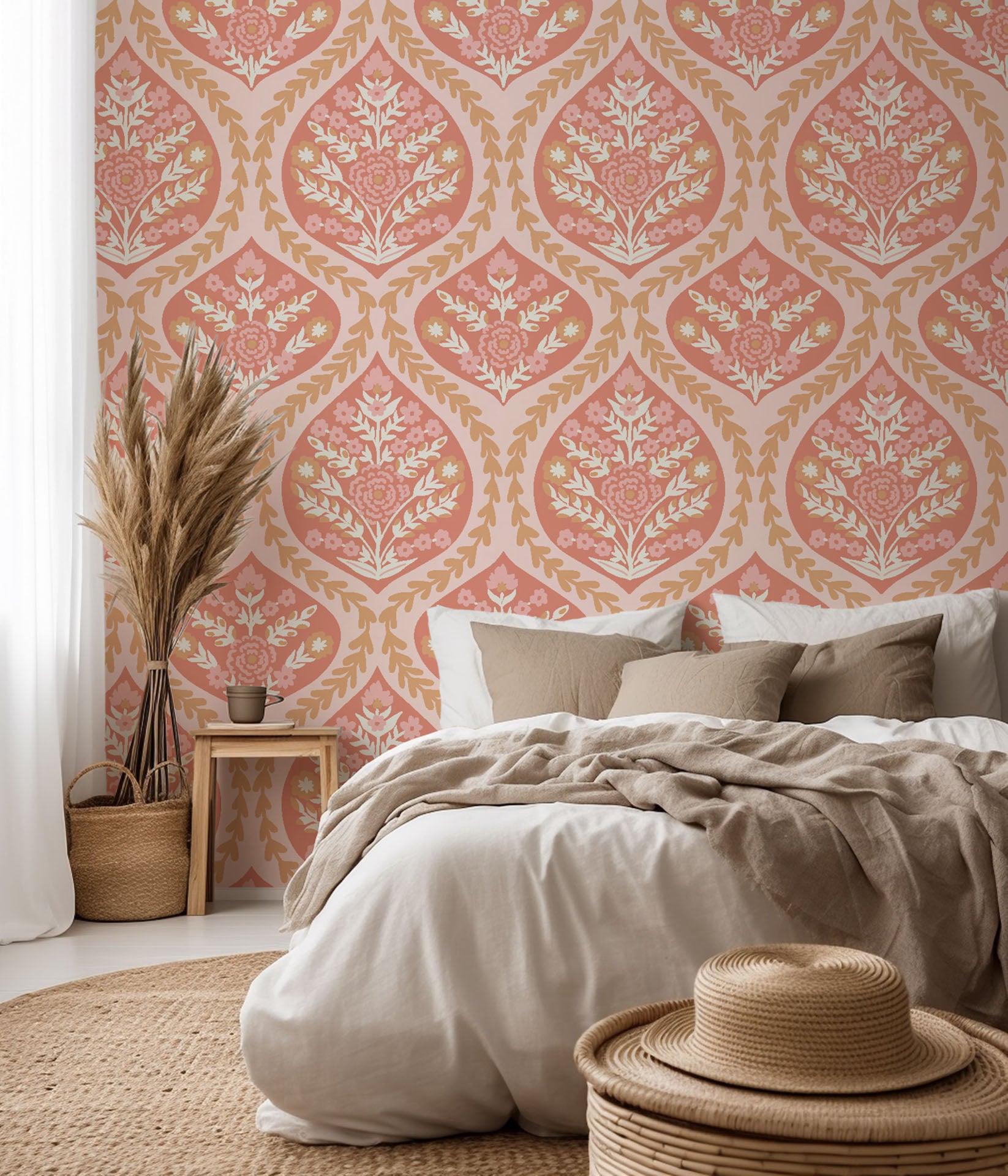 Self-adhesive wall covering featuring a classic pink and peach floral damask pattern (Tender Bloom)