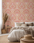 Self-adhesive wall covering featuring a classic pink and peach floral damask pattern (Tender Bloom)