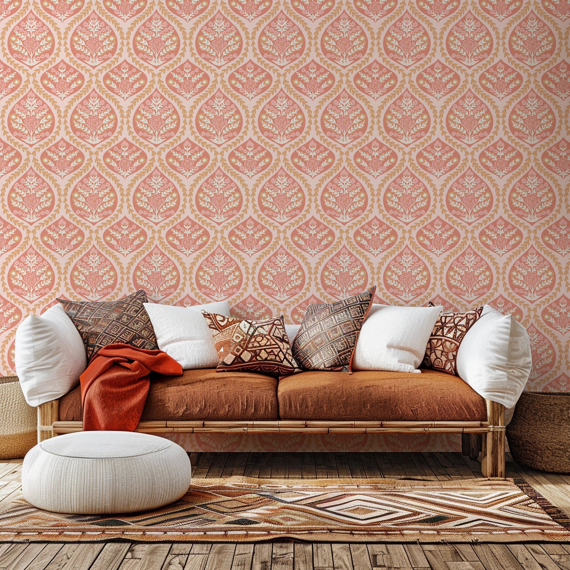 Self-adhesive wallpaper featuring a classic pink and peach floral damask pattern (Tender Bloom)