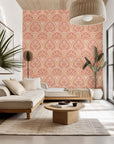 Self-adhesive wallpaper featuring a classic pink and peach floral damask pattern (Tender Bloom)