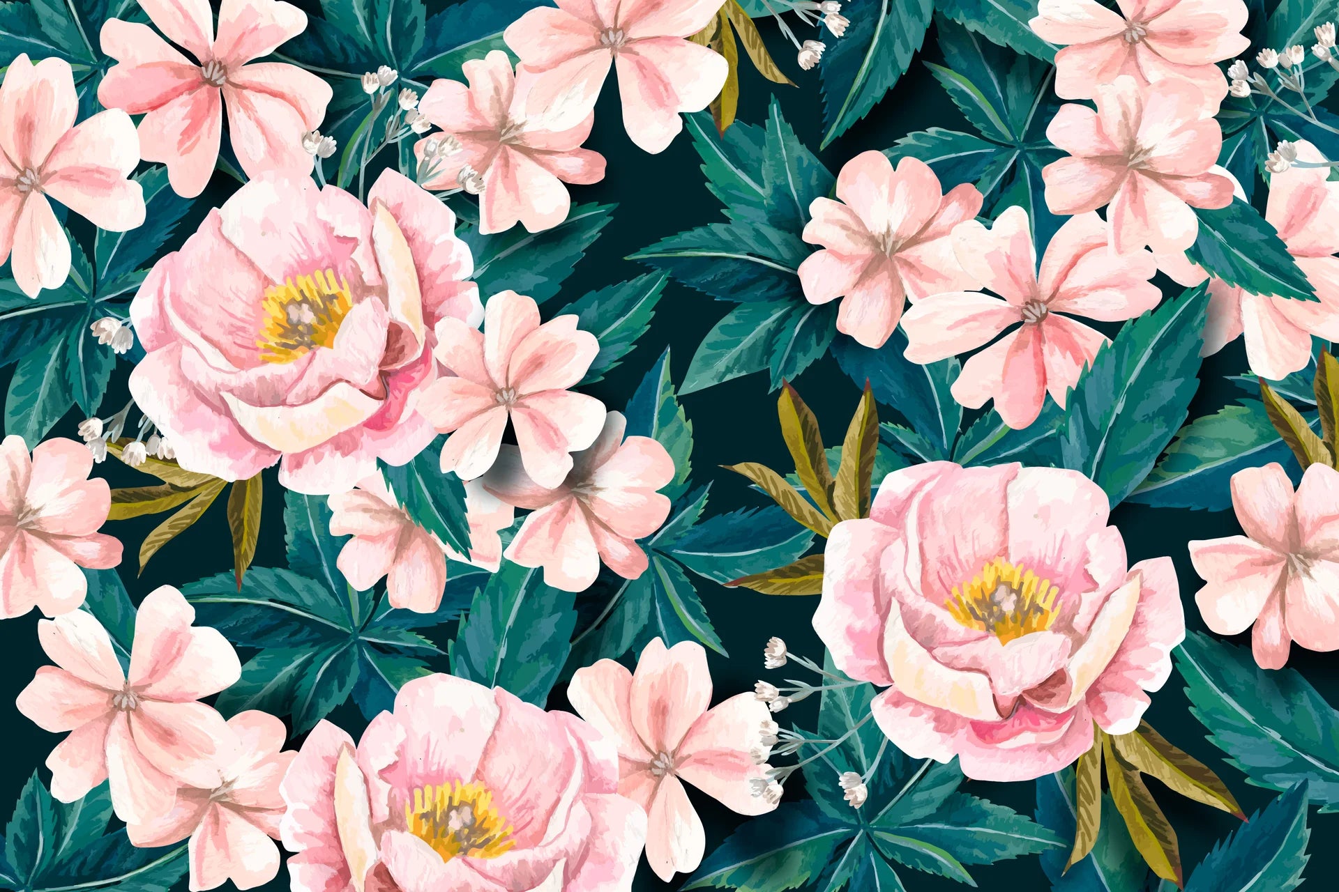 Romantic Tender Hours wallpaper with blush pink peonies and tropical teal leaves on dark background