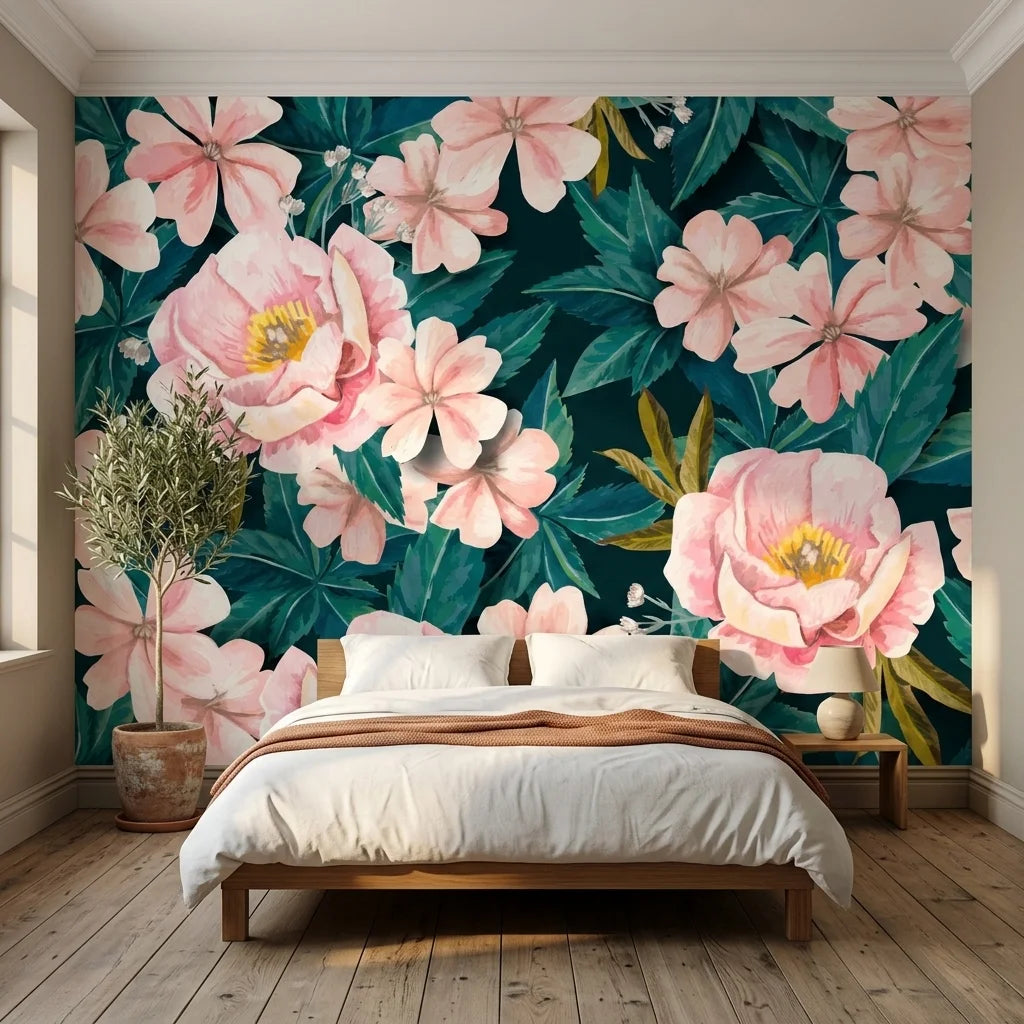Tender Hours floral wallpaper featuring pink peonies and teal leaves on bedroom accent wall
