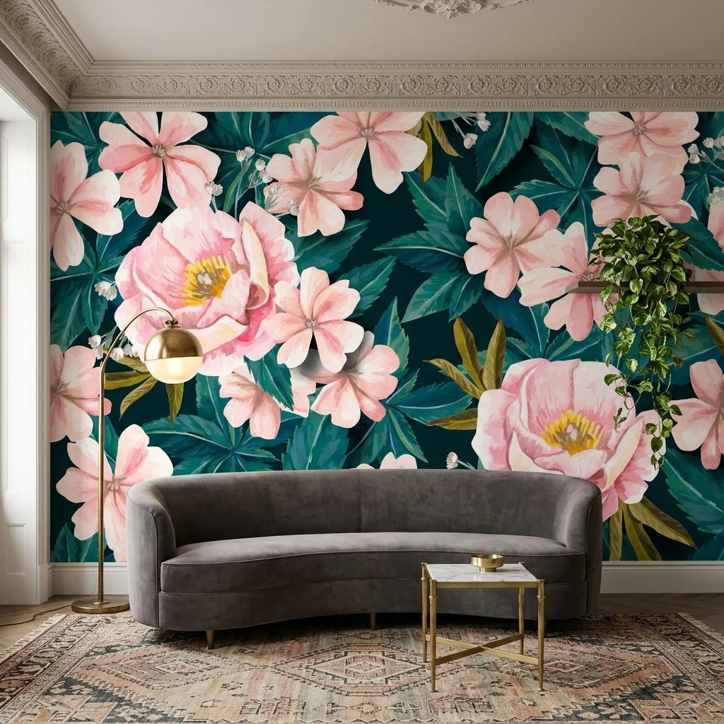 Tender Hours removable wallpaper with pink peonies and teal tropical leaves on living room accent wall
