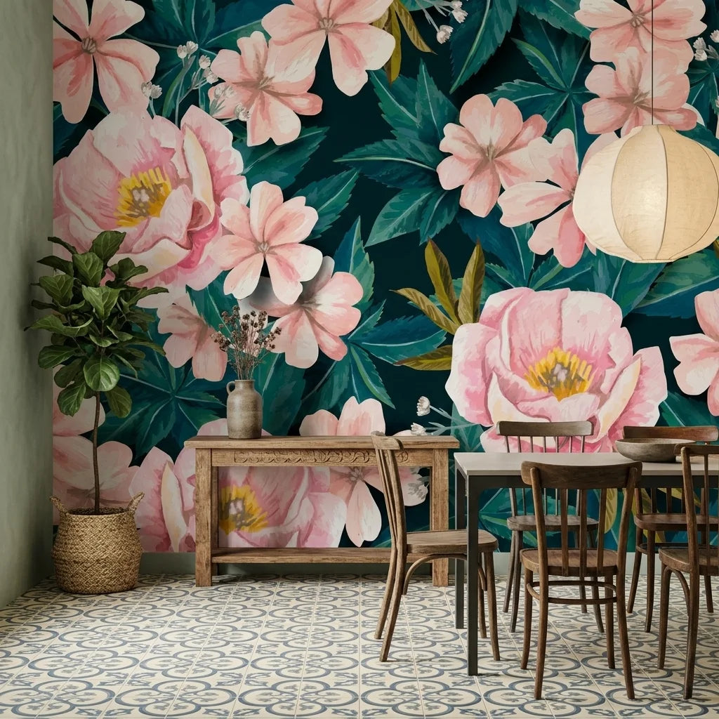 Tender Hours removable wallpaper with oversized pink peonies on teal botanical background in dining room setting