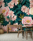Tender Hours removable wallpaper with oversized pink peonies on teal botanical background in dining room setting