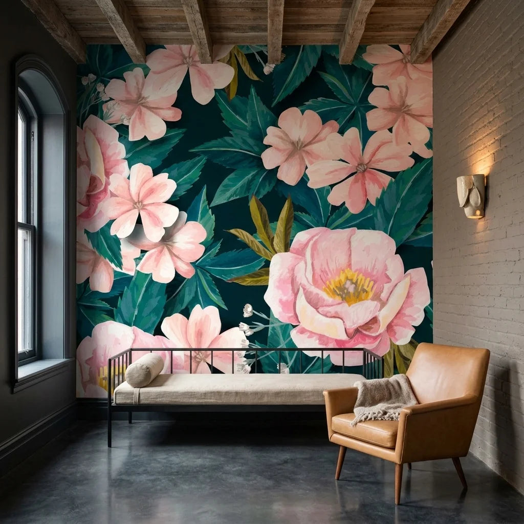 Pink and teal Tender Hours floral wallpaper on industrial loft accent wall with exposed ceiling beams