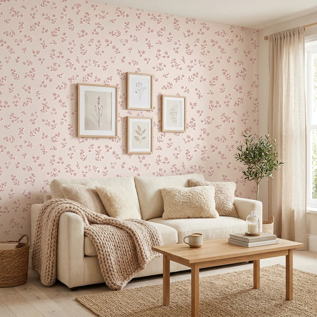 Tender Light soft blush floral sprig wallpaper in a warm and inviting living room