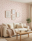 Tender Light soft blush floral sprig wallpaper in a warm and inviting living room