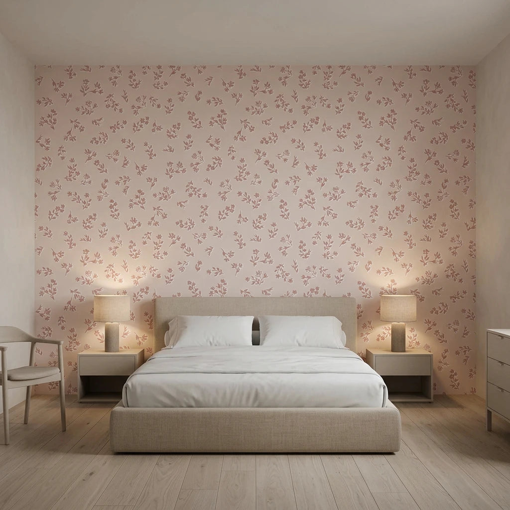 Tender Light soft blush floral sprig wallpaper adding character to a cozy bedroom
