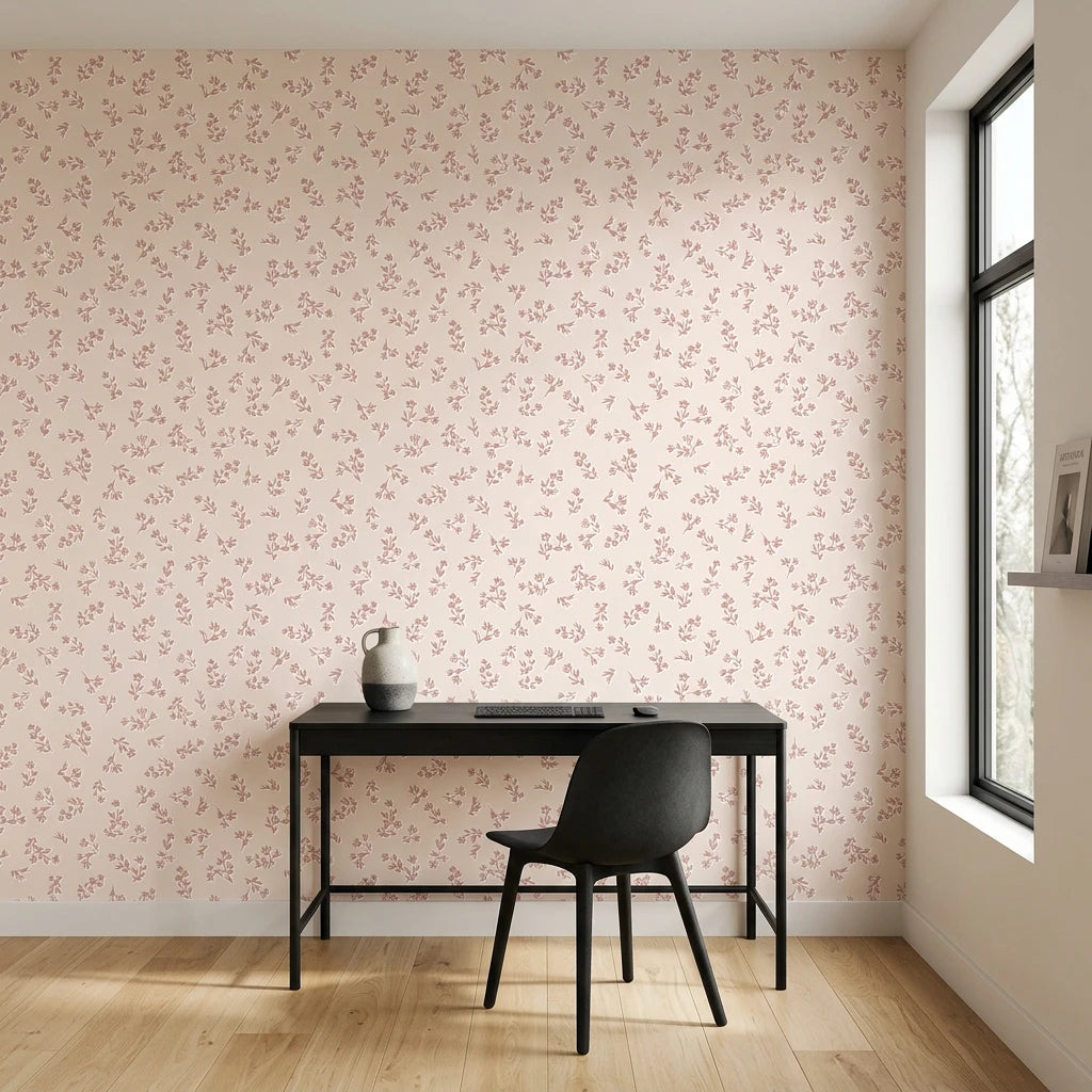 Tender Light soft blush floral sprig wallpaper as a feature wall in a bright home office