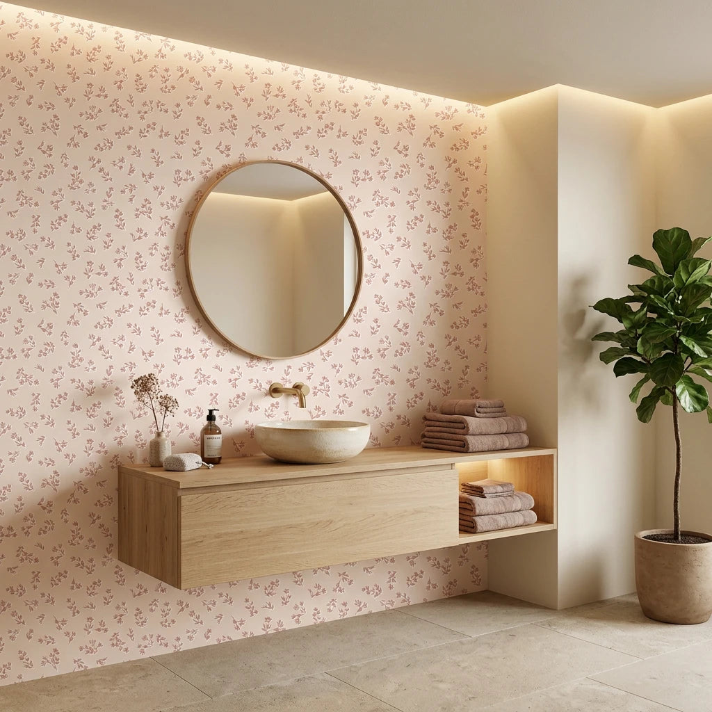 Tender Light soft blush floral sprig wallpaper creating ambiance in a serene bathroom