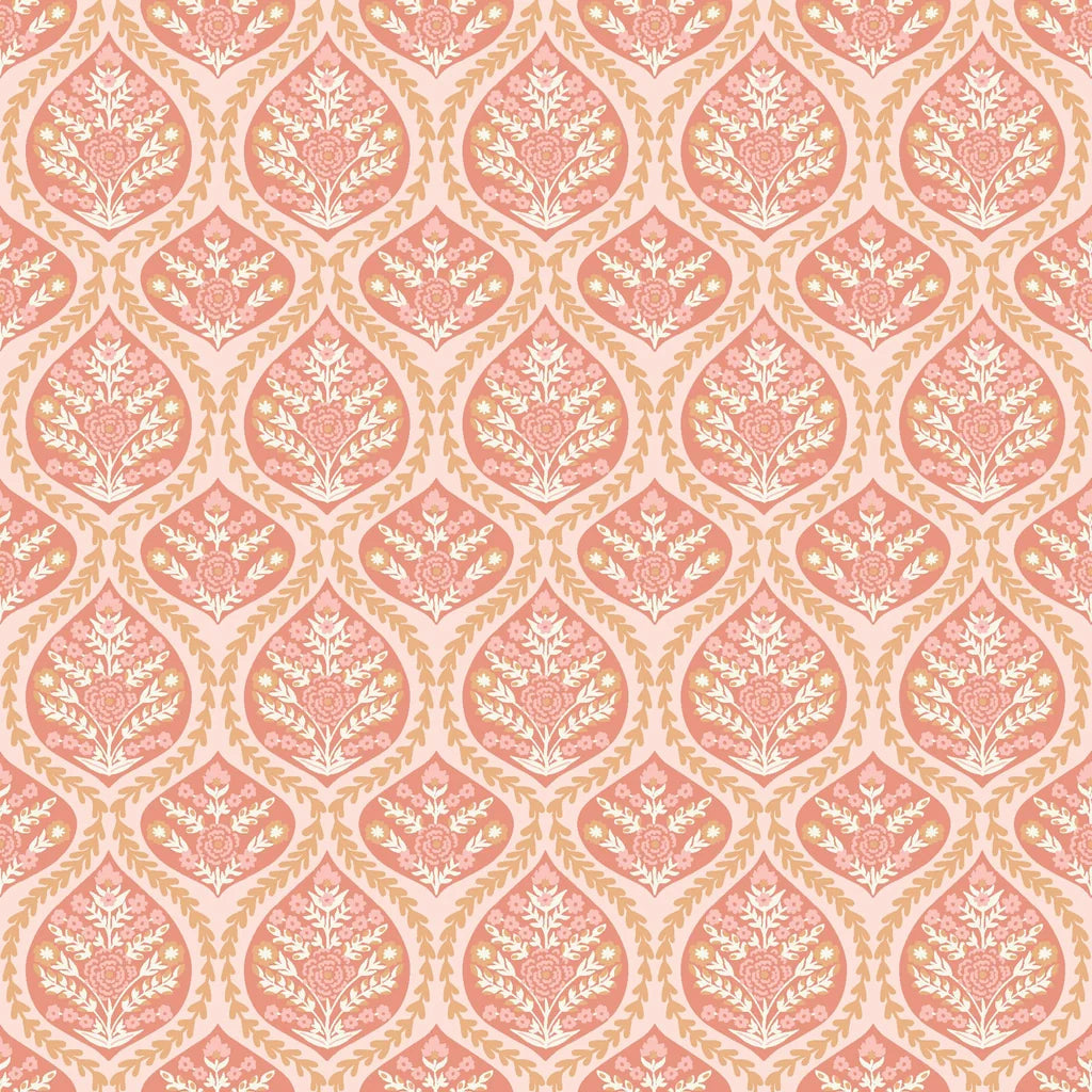 Pink and cream floral damask ogee pattern wallpaper - Tender Bloom