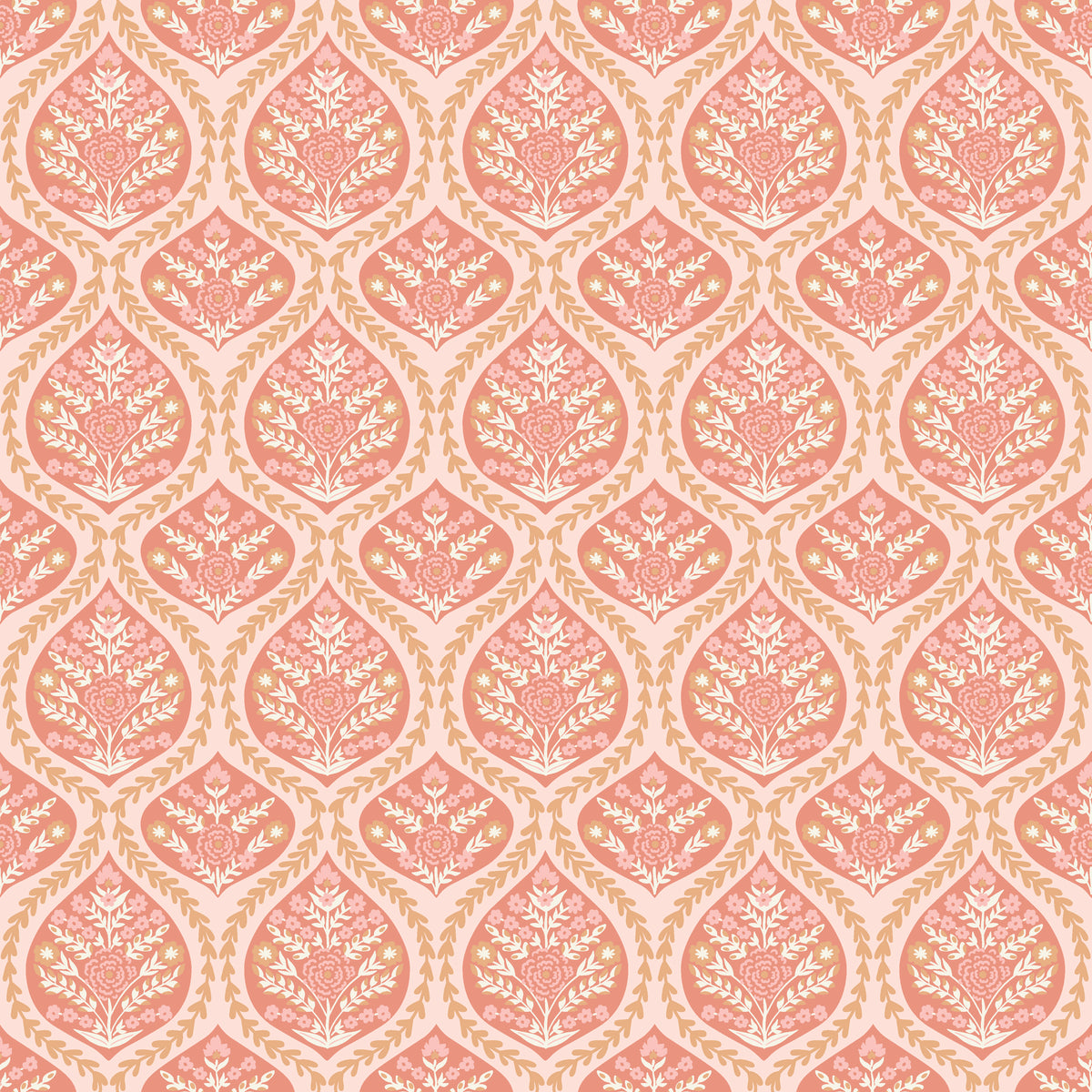 Pink and cream floral damask ogee pattern wallpaper - Tender Bloom