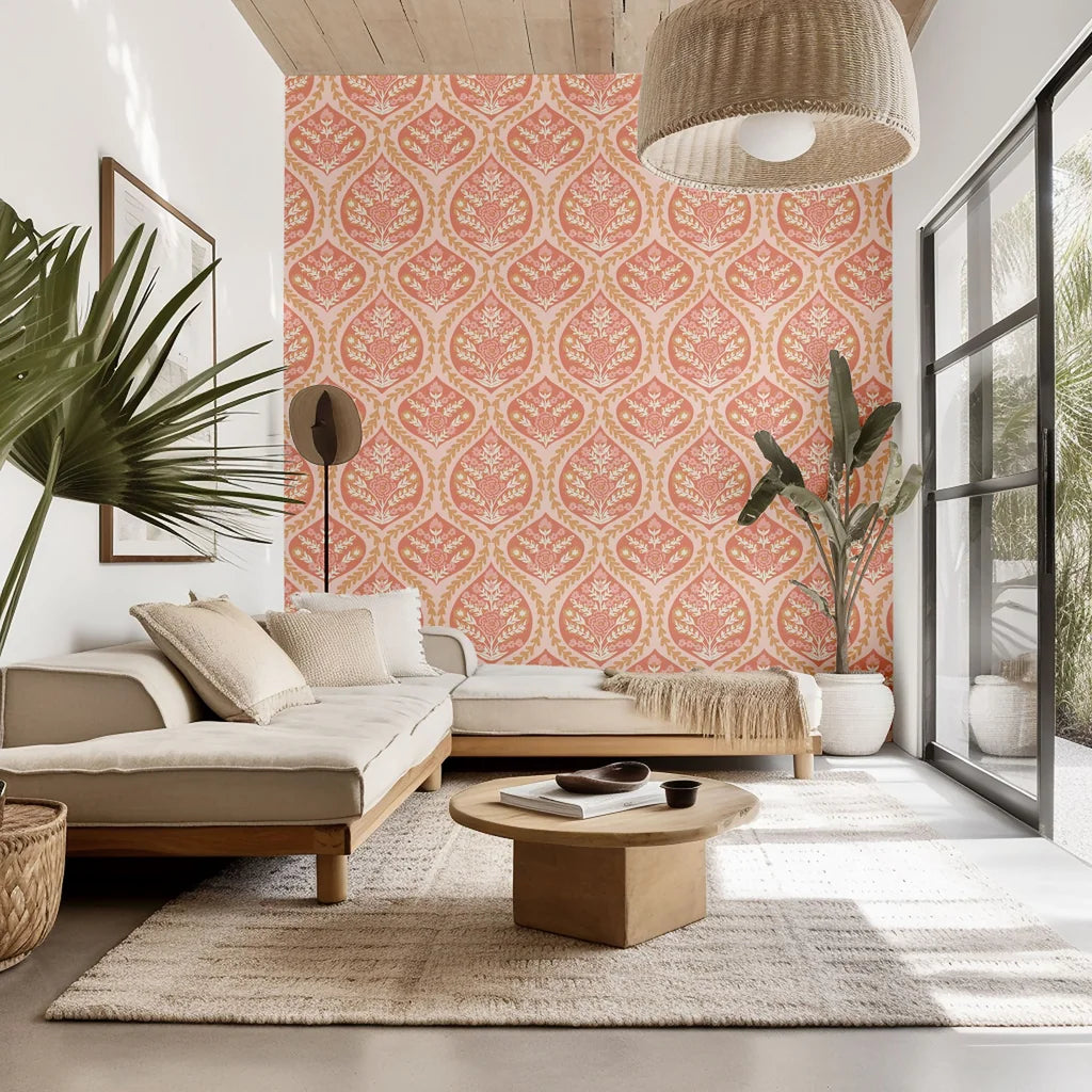 Self-adhesive wallpaper featuring a classic pink and peach floral damask pattern (Tender Bloom)