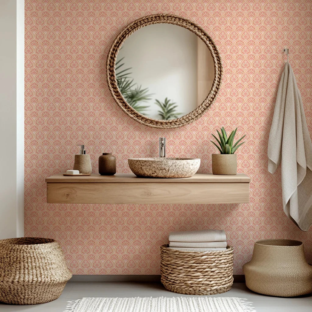 Pink and peach traditional floral damask self-adhesive wallpaper, named Tender Bloom