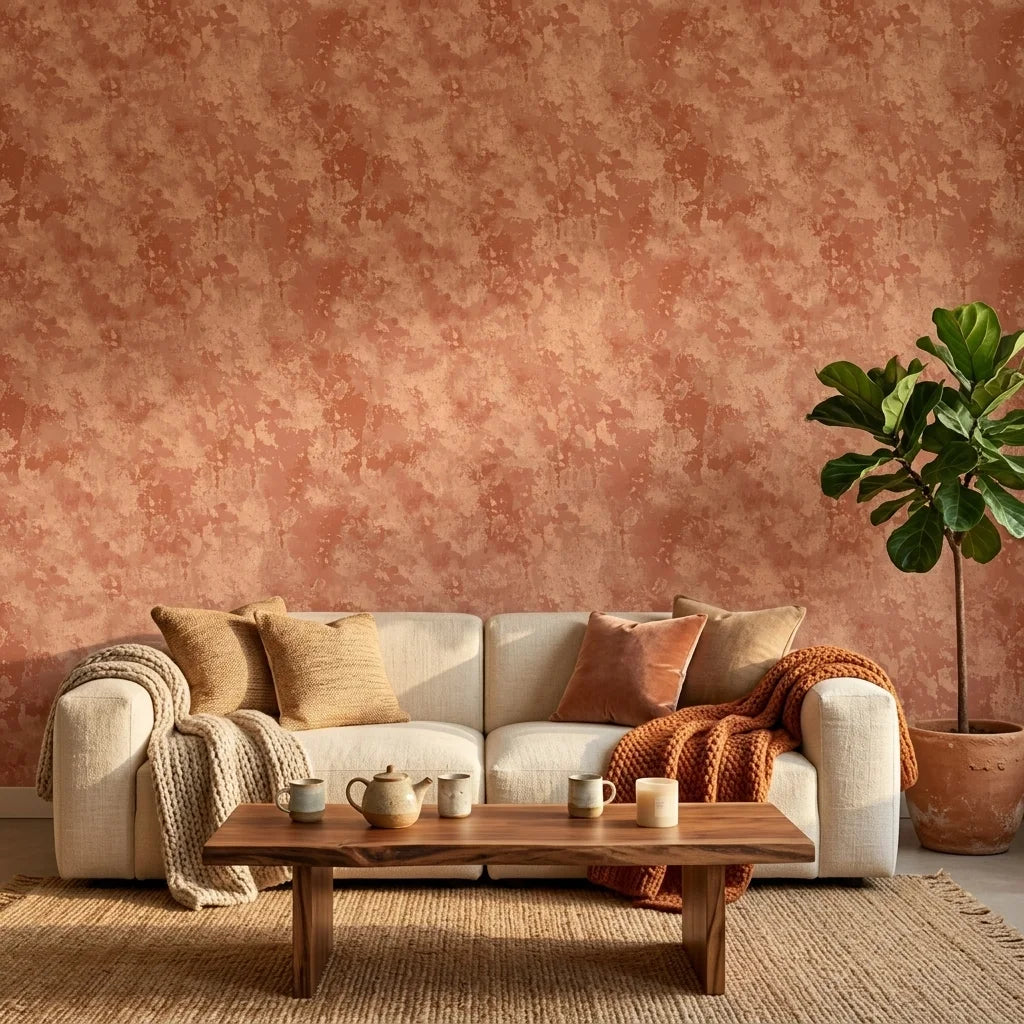Terra Drift earthy abstract wallpaper in a warm and inviting living room