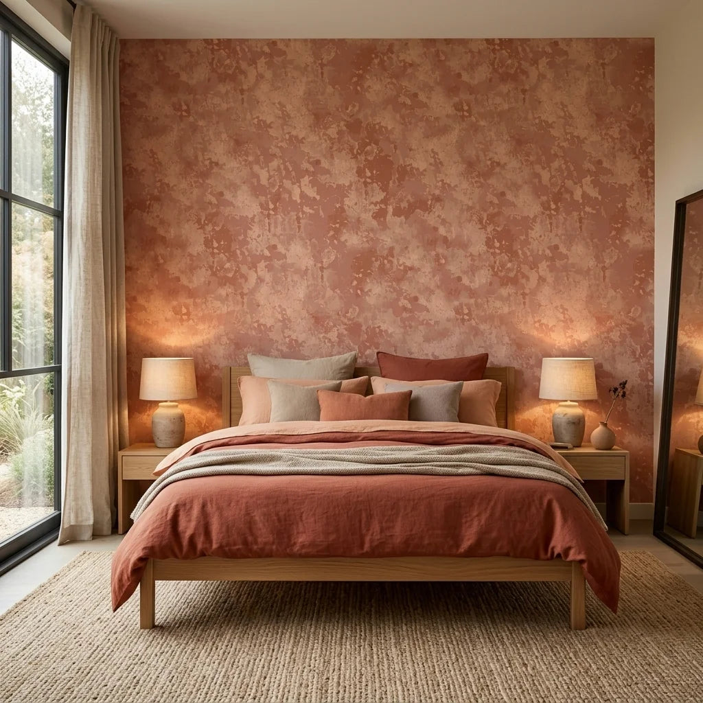 Terra Drift earthy abstract wallpaper adding character to a cozy bedroom
