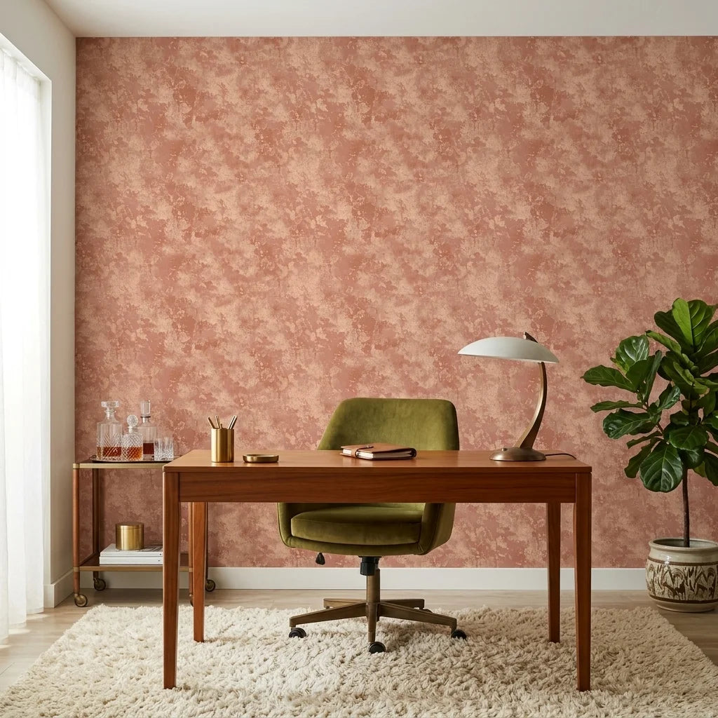 Terra Drift earthy abstract wallpaper as a feature wall in a bright home office